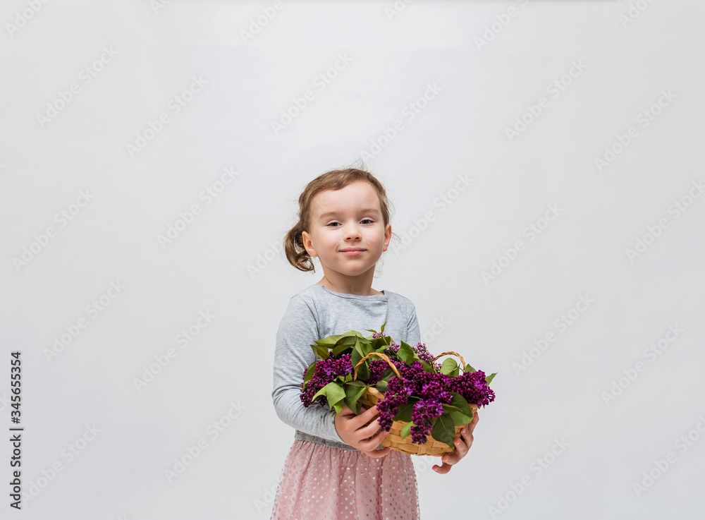 Portrait of a little girl with a basket of lilacs. Cute girl in a grey dress with a tail on a white background.Copy space