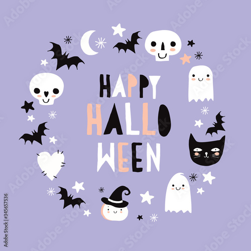 Halloween Hand Drawn Vector Illustration with Cute Pumpkin, Ghosts, Black Cat, Funny Skulls and Bats on a Violet Background. Kawaii Style Decoration for Halloween Party. Happy Halloween Card.