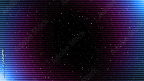Cyberpunk background. Dark blue pink gradient. Retro style horizontal lines. Old grain effect. Neon futuristic glow