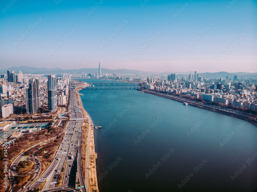 aerial view of the Seoul city. River, tower and skyscrapers