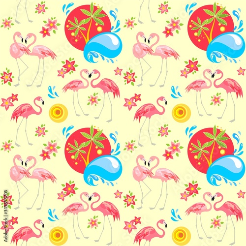 Seamless abstract pattern with pink flamingo birds  Frangipani flowers and palm trees for fashion print and wrapping paper. Flat design