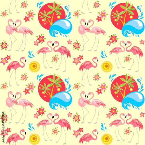 Seamless abstract pattern with pink flamingo birds, Frangipani flowers and palm trees for fashion print and wrapping paper. Flat design