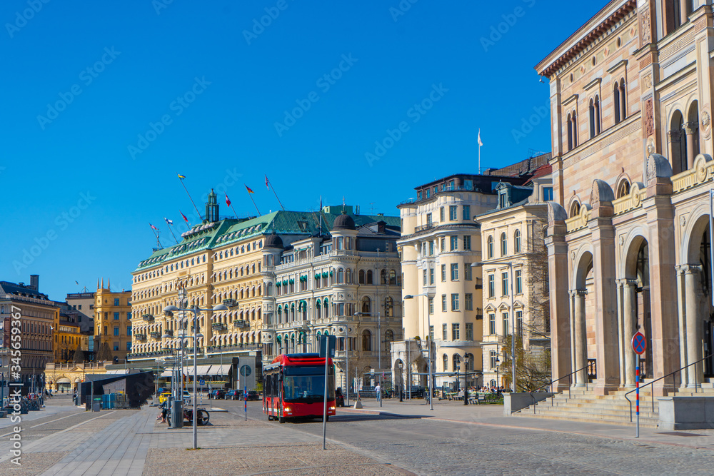 Street near national museum in Stockholm. Photo of central district in Swedish capital. The biggest scandinavian city.