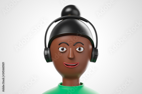 Close up cartoon portrait of beautiful african american smiling woman in black headphones over white background. © Foxstudio