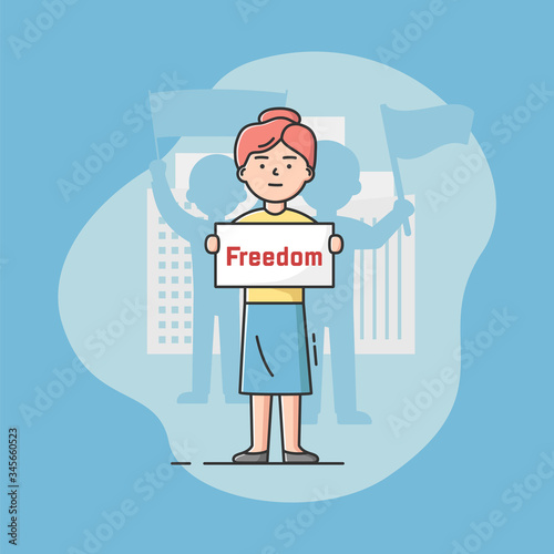 Mass Protest Action Concept. Dissatisfied People Silhouettes Complaining And Taking Part In Strike. Woman Holding Protest Banners With Freedom Sign. Cartoon Linear Outline Flat Vector Illustration