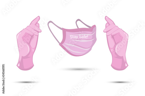 Pink mask and latex gloves for protection against covid-19 infection and flu epidemic on white background. Medical sterile uniform protective hygiene equipment. Hand gloves and medical mask vector.