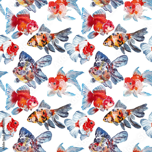 Hand-drawn seamless watercolor pattern with goldfish. Light background with aquarium fish for fabrics, printing, decoration.