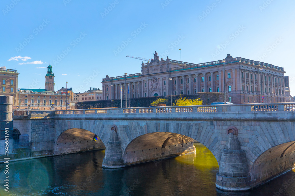 The Swedish parliament house. Riverside view. Stockholm the biggest scandinavian city.