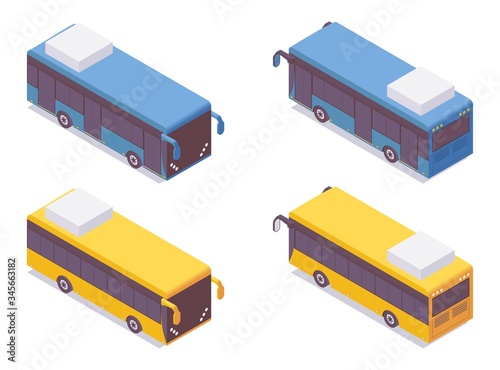 Public bus isometric. Collection of vehicle in various foreshortening good for right-hand and left-hand traffic