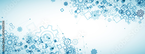 Abstract blue technological background. Structure square pattern with cogwheels and plexus effect. Vector