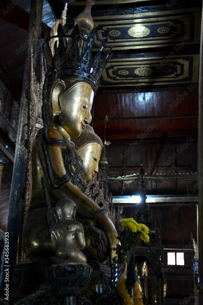 Images of buddha in one of the temples located in the inle lake. Myanmar