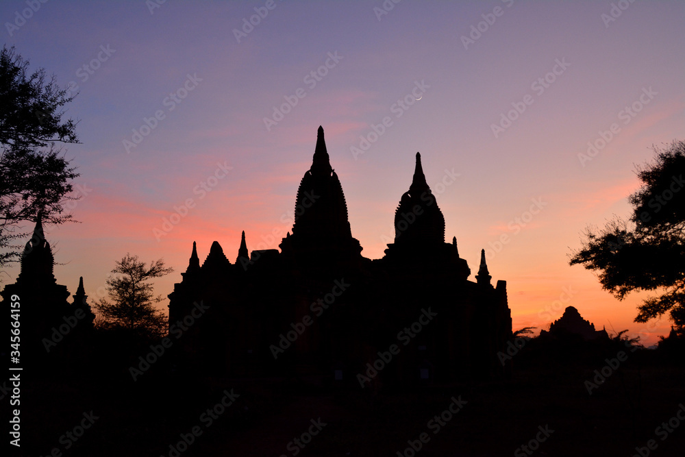 Silhouette of one of the Bagan pagodas during sunset. Myanmar