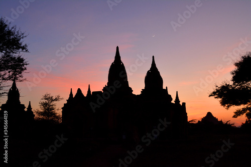 Silhouette of one of the Bagan pagodas during sunset. Myanmar