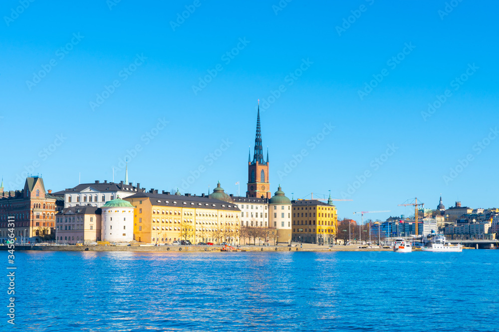 View of the old town (gamla stan). Stockholm capital of Sweden. Lakeside panorama. Travel photo.
