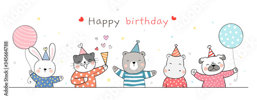 Draw banner cute animal party on white for birthday.