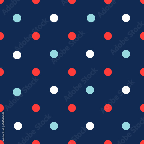 Marine nautical seamless pattern with blue, red and white spots. Dotted seamless background. Vector