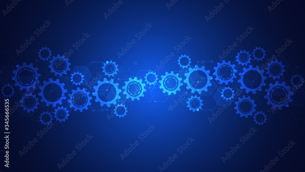 Cogs and gear wheel mechanisms. Hi-tech digital technology and engineering. Abstract technical background.