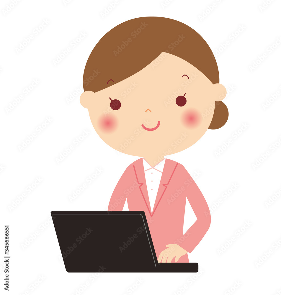 パソコンに向かう女性　スーツ　上半身　バストアップ　イラスト