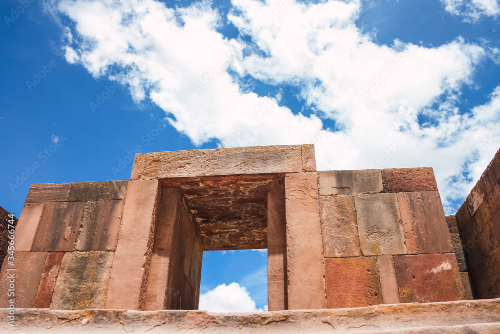Architectural construction at the pre-Columbian archaeological site in Tiwanaku, Bolivia