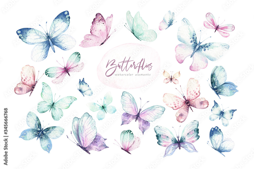 Watercolor colorful butterflies, isolated butterfly on white background. blue, yellow, pink and red butterfly spring illustration. - obrazy, fototapety, plakaty 
