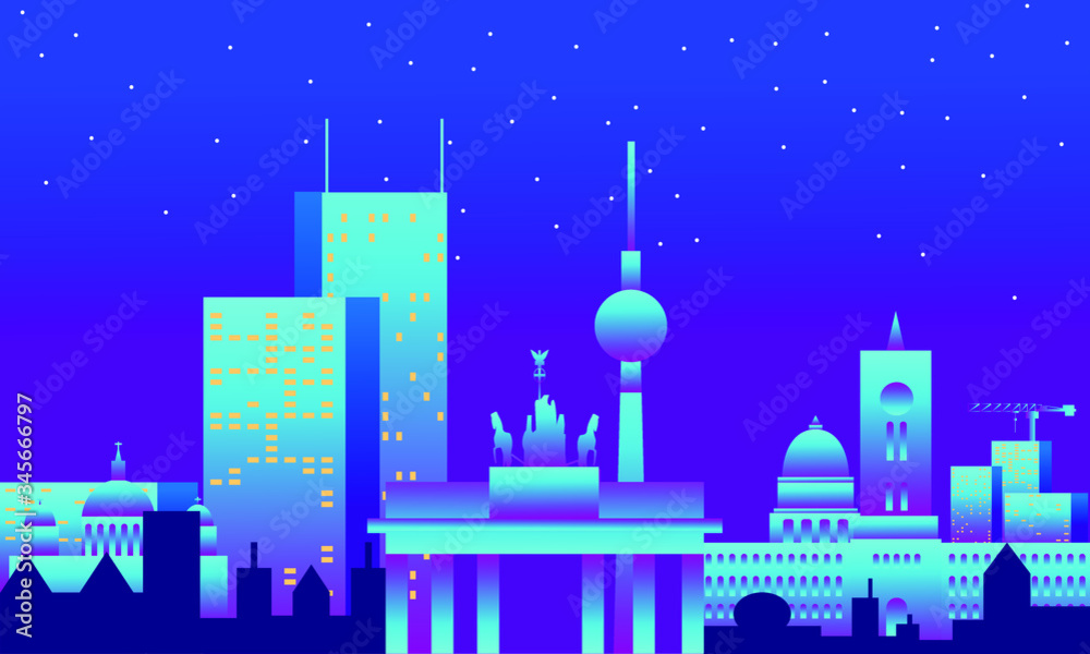Fototapeta premium Night Berlin drawn with silhouettes and gradients. Panorama of a large city. Vector illustration.