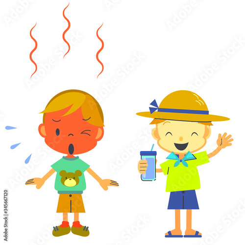 sweating boy and comfortable one, heatstroke risk