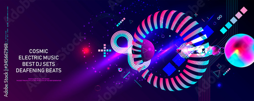 Dark retro futuristic art neon abstraction background cosmos new art 3d starry sky glowing galaxy and planets blue circles