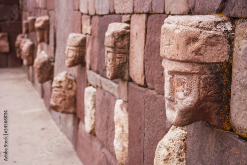 Relief head sculptures at the pre-Columbian archaeological site in Tiwanaku, Bolivia