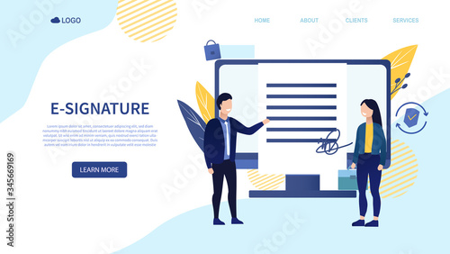 Two entrepreneurs sign an e-signature contract. Businessmen make successful deal The concept of a secure agreement with an electronic signature young Businesswoman signs an agreement flat Illustration