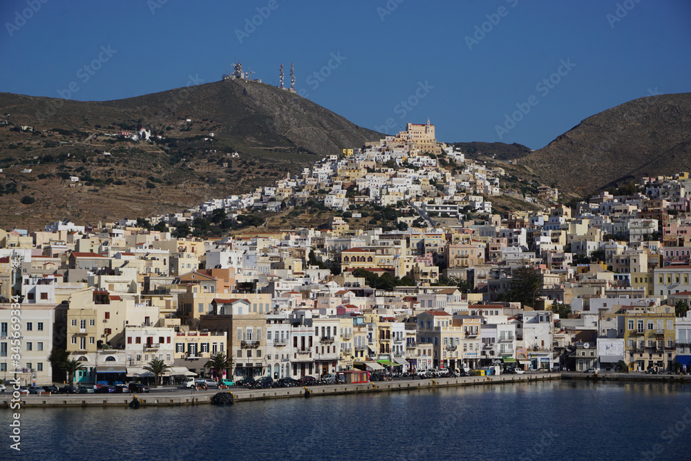 Ano Syros, Syros, Greece: Satellite dish towers and the Catholic cathedral of Saint George on the hills of Ano Syros, on the Aegean island of Syros.
