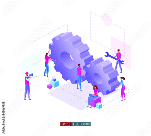 Trendy flat illustration. Office workers planing business mechanism, analyze business strategy and exchange ideas. Gear wheels. Teamwork concept. Template for your design works. Vector graphics.
