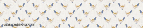 Seamless french farmhouse chicken hen border pattern. Provence linen shabby chic style. Hand drawn rustic texture background. Country style edge banner home decor tape. Farm animal textile ribbon.