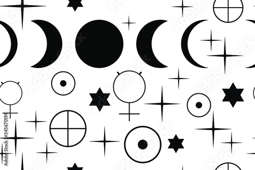 Moon phases. Astro signs of planets and stars. Esoteric pattern. Blackd elements on white background. Seamless vector texture for wallpaper, clothes, fabric, textile, packaging. photo