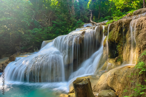 The beautiful Erawan cascade waterfall with turquoise water like heaven at the tropical forest  Kanchanaburi Nation Park  Thailand