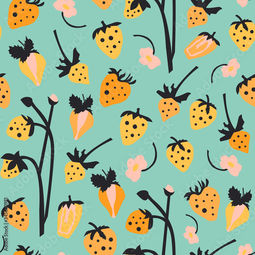 Vector vintage seamless pattern with yellow strawberries on blue background. Cartoon hand draw style. Vintage texture for kitchen textile design, wallpaper, fabric, covers, poster. Summer background. © Елена Сурмач
