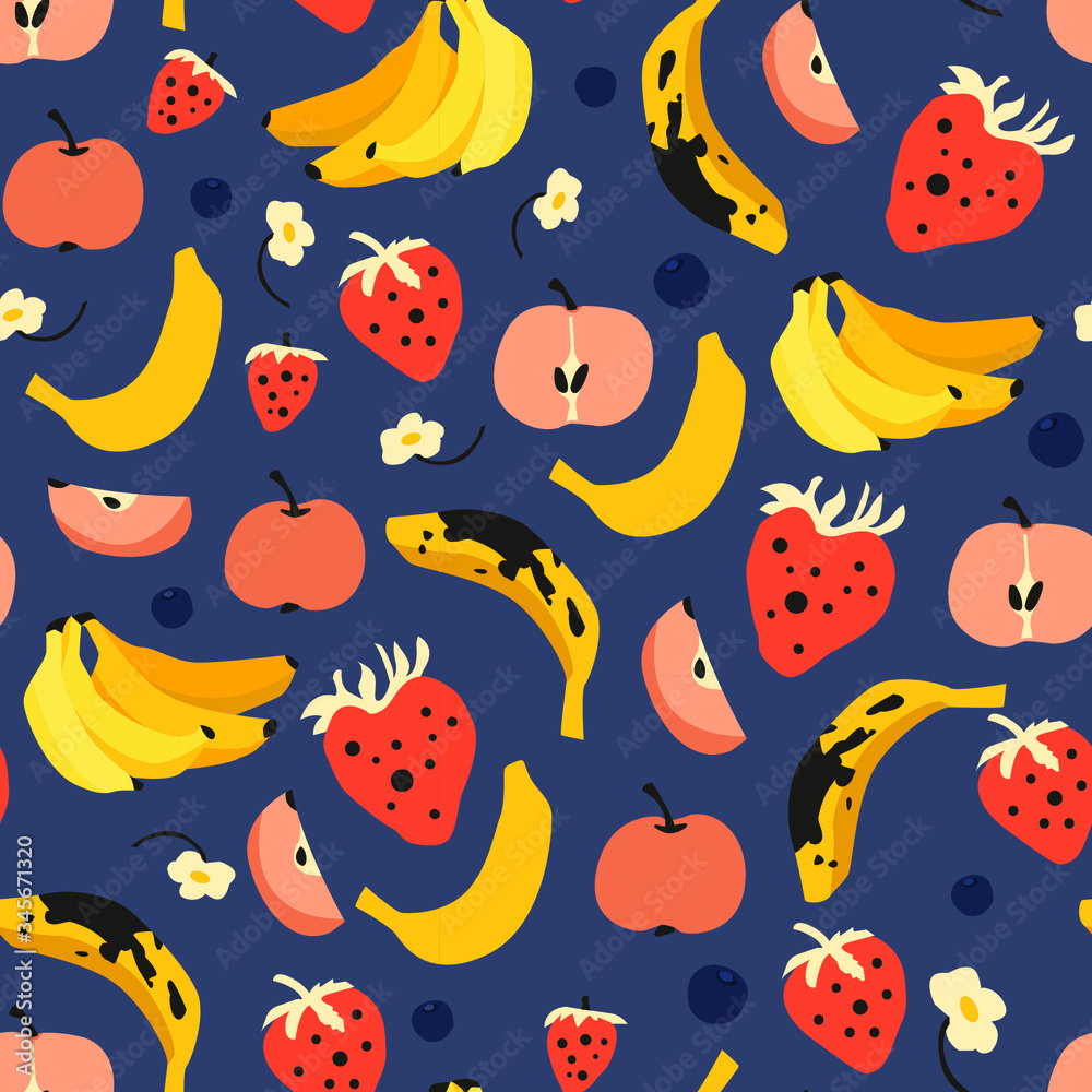 Vector seamless pattern with colorful fruits, banana, apples, strawberries, berries on blue background. Cartoon hand draw style. Modern texture for kitchen textile design, children wallpaper, fabric.