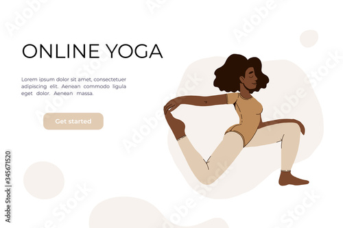 The girl does yoga in the video. Yoga classes online. Vector illustration in a flat style. Woman in asana. Concept for website design of online yoga courses. Neutral colors.