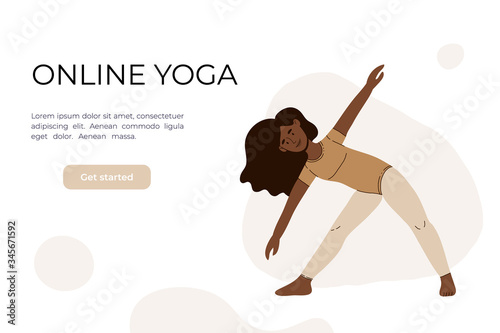 The girl does yoga in the video. Yoga classes online. Vector illustration in a flat style. Woman in asana. Concept for website design of online yoga courses. Neutral colors.