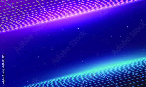 Galaxy Background with 3D grids and neon bright lights inspired by video games and scifi movies