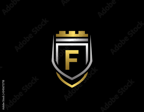 Gold Heraldic F Letter Monogram. Elegant retro minimal shield Shape. Crown, Castle , Kingdom Logo Design.