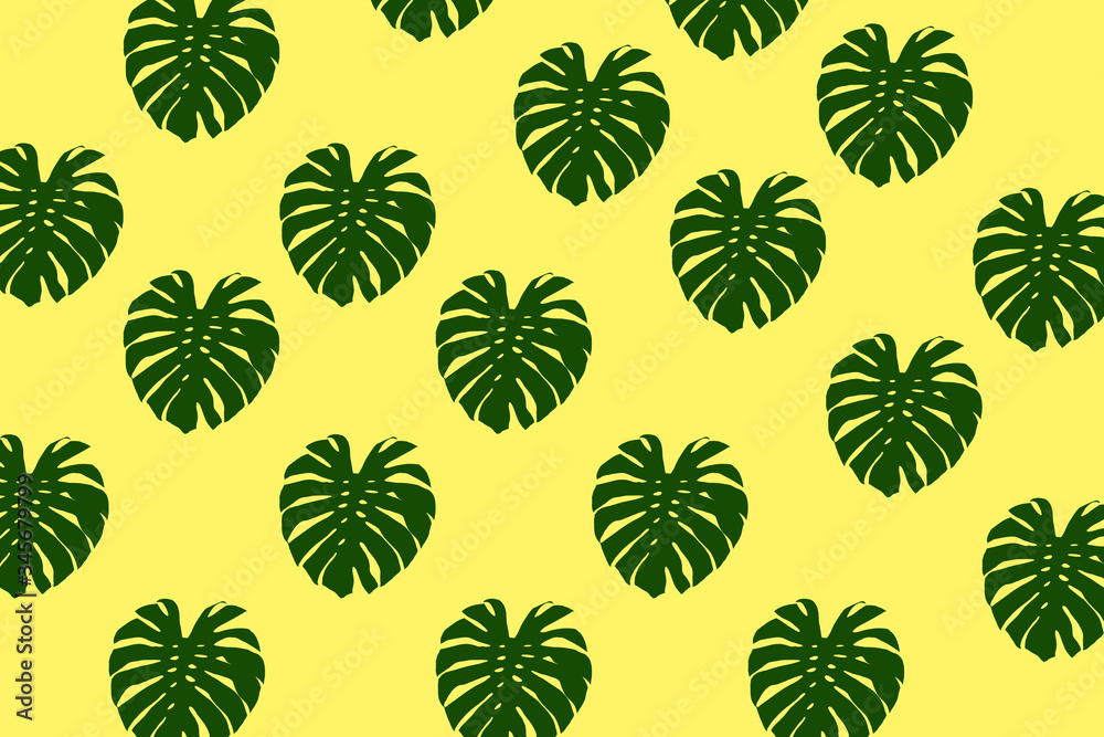 top view of green monstera leaf pattern on bright light yellow background. minimal summer concept