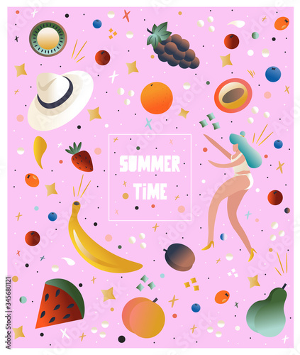 Summer time concept. Nice vector colorful summer poster with girl, fruits and berries. Bright vector fruits with gradient. Catchy poster for summer festival, beach party and sales.