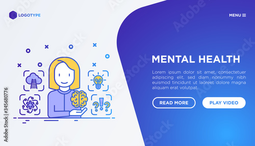 Psychologist analyzes mental health web page template. Thin line icons: negative thinking, emotional reasoning, logical plan, brilliant thought. Modern vector illustration