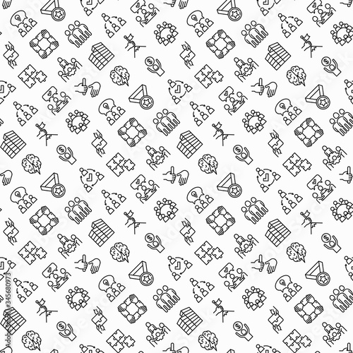 Teamwork seamless pattern with thin line icons: relay race, brainstorm, success, meeting, idea share, collaboration, joint project, unity, support, delegation, bonus. Modern vector illustration.