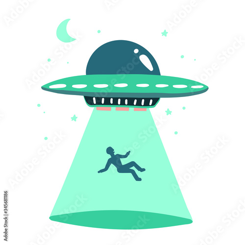 UFO abducts human. Space ship UFO ray of light Vector illustration in flat style isolated on white background. Hand drawn print concept.