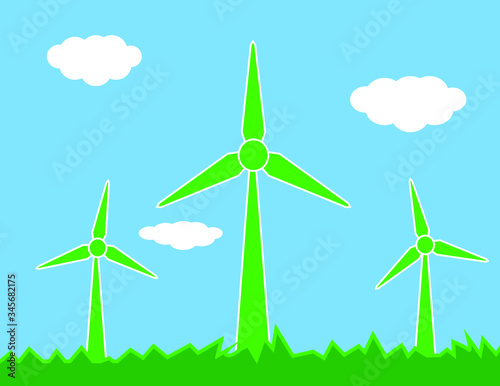 Wind turbines generator and green meadow on a blue sky with clouds. Summer rural landscape. Vector illustration. 