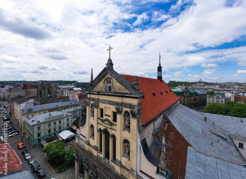 View on Jesuit Church in Lviv is dedicated to Sts. Peter and Paul from drone