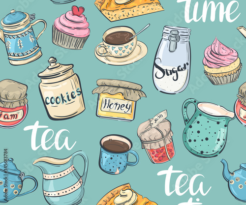 Seamless pattern with tea cups, teapots and sweets 