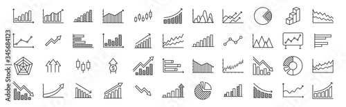 Business graphs and charts icons. Business infographics icons. Statistic and data, charts diagrams, money, down or up arrow, economy reduction. Financial chart. Vector illustration.