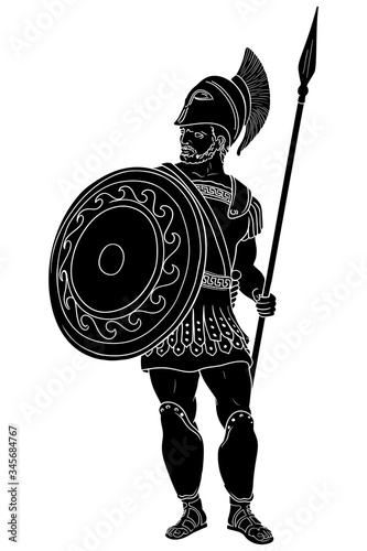 Ancient Roman warrior with a spear and shield in his hands is standing and looking away. Vector illustration isolated on white background.